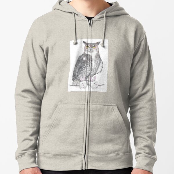 Great horned owl in bunny slippers Zipped Hoodie