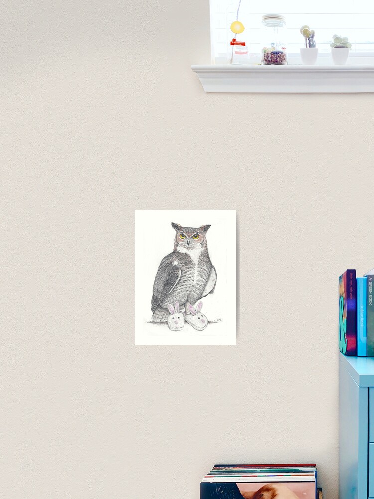 Thumbnail 1 of 3, Art Print, Great horned owl in bunny slippers designed and sold by JimsBirds.
