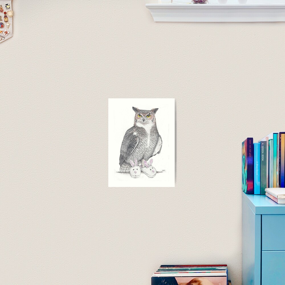 Great horned owl in bunny slippers Art Print
