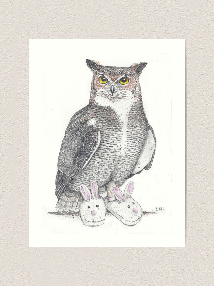 Thumbnail 2 of 3, Art Print, Great horned owl in bunny slippers designed and sold by JimsBirds.