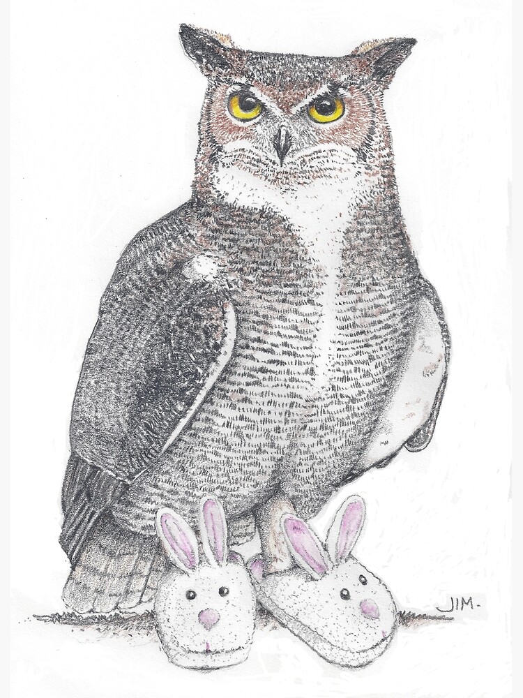 Thumbnail 3 of 3, Art Print, Great horned owl in bunny slippers designed and sold by JimsBirds.
