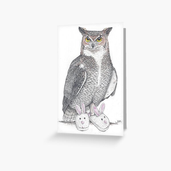 Great horned owl in bunny slippers Greeting Card