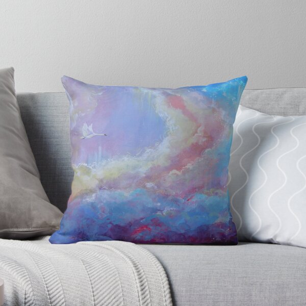 Swan flying in rainbow clouds Throw Pillow