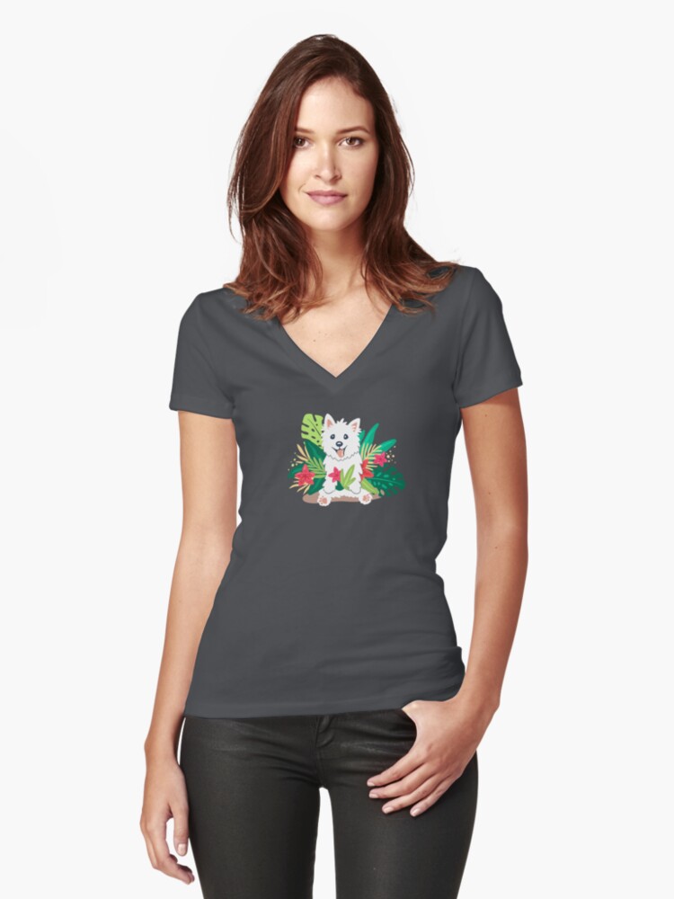 Thumbnail 1 of 3, Fitted V-Neck T-Shirt, Westie dog Happy Spring designed and sold by mirunasfia.
