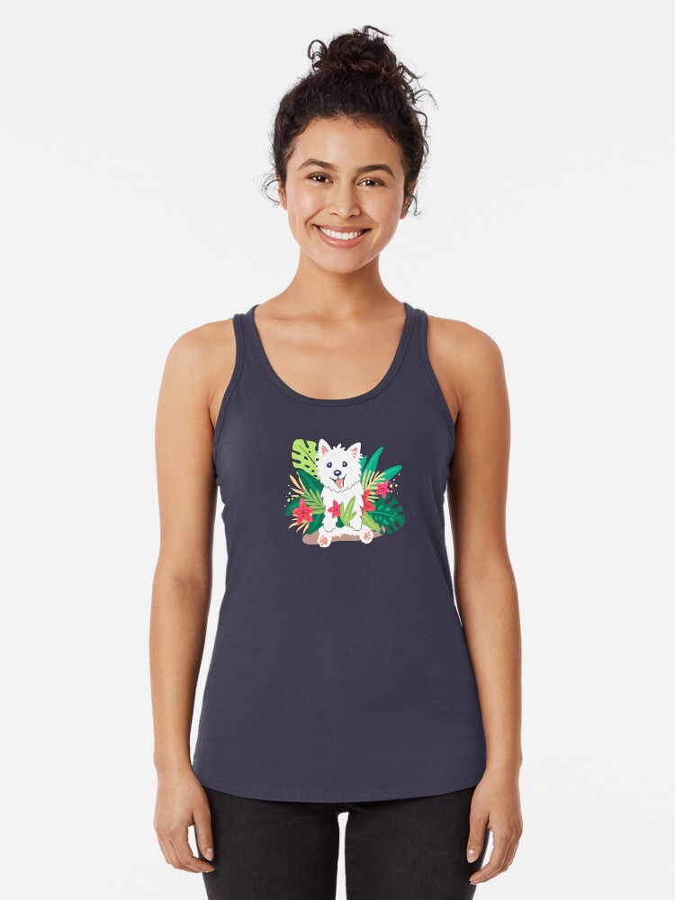 Thumbnail 1 of 3, Racerback Tank Top, Westie dog Happy Spring designed and sold by mirunasfia.