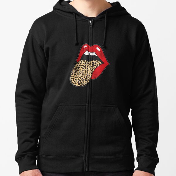 Red Lips Leopard Tongue Cheetah Animal Print Trendy Graphic Zipped Hoodie