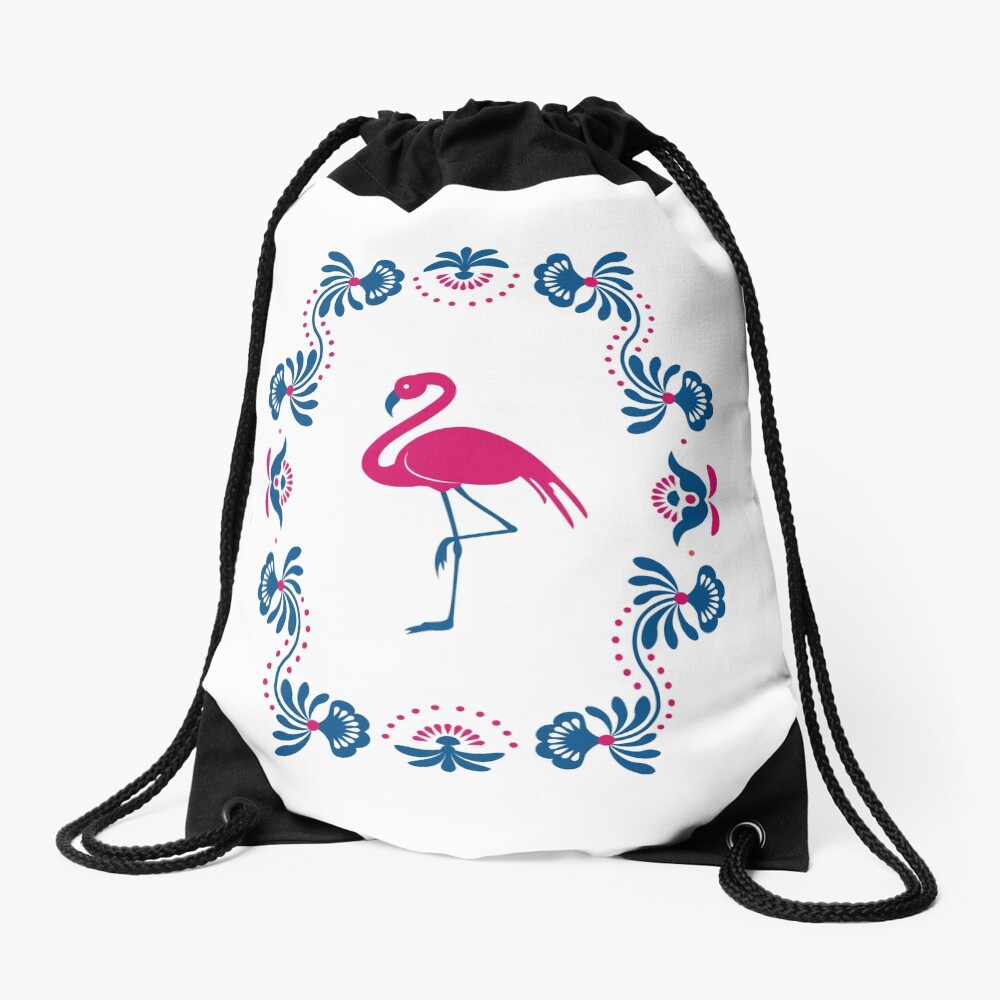 Folk Flamingo Drawstring Bag