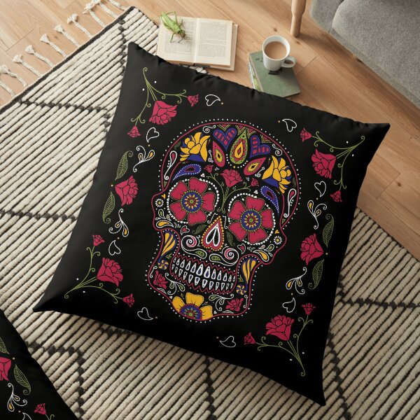 Day of the Dead Sugar Skull Dark Floor Pillow