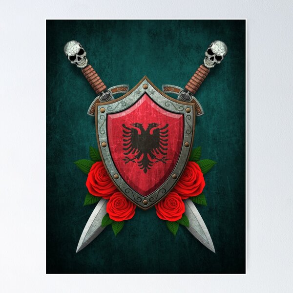 Item preview, Albanian Flag on a Worn Shield and Crossed Swords designed and sold by JeffBartels.