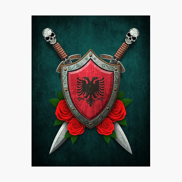 Item preview, Albanian Flag on a Worn Shield and Crossed Swords designed and sold by JeffBartels.