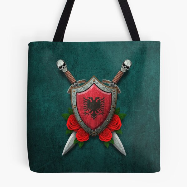 Item preview, Albanian Flag on a Worn Shield and Crossed Swords designed and sold by JeffBartels.