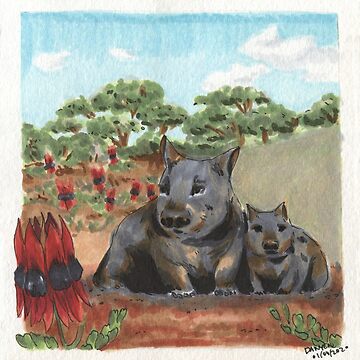 Artwork thumbnail, Southern Hairy-Nosed Wombats & Sturt's Desert Pea by ddanyen
