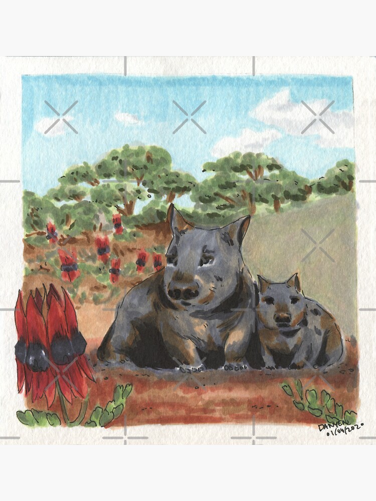 Thumbnail 3 of 3, Sticker, Southern Hairy-Nosed Wombats & Sturt's Desert Pea designed and sold by ddanyen.