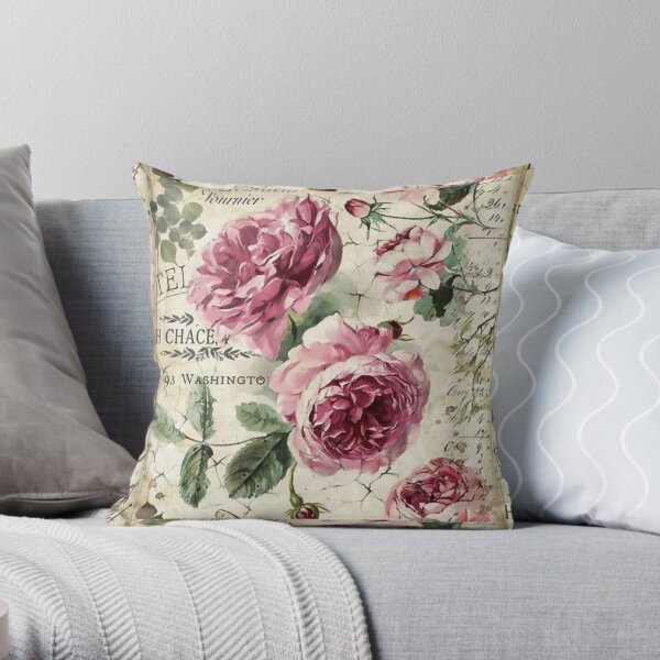 French Shabby Chic Pink Roses Throw Pillow