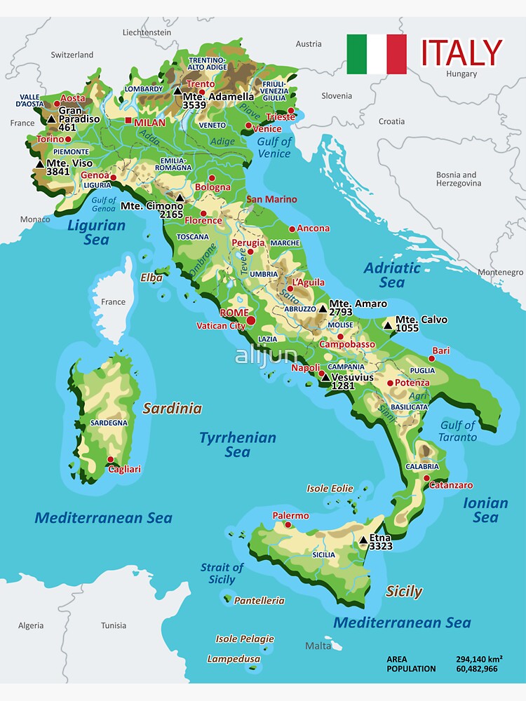 Italy Map With Rivers Lakes And Mountains Sticker For Sale By