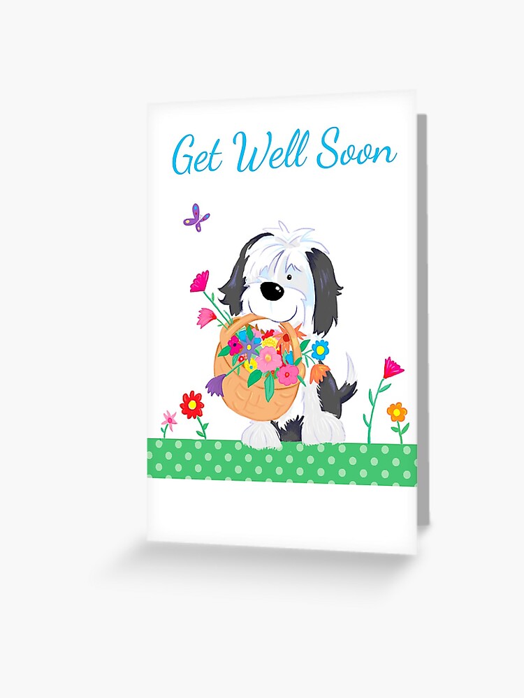 Get Well Soon Card Cute Dog Flowers\