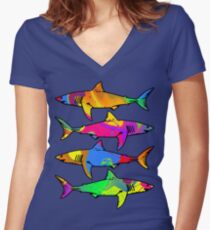 Colorful Sharks Women's Fitted V-Neck T-Shirt