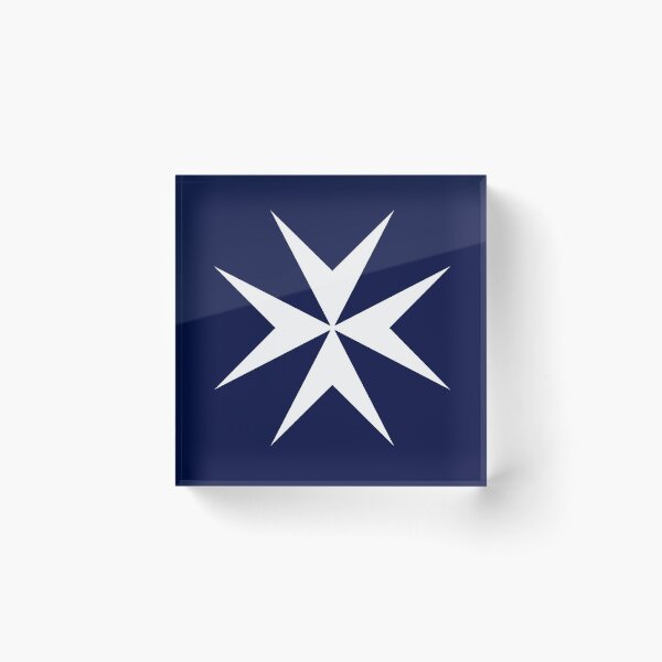 MALTA. Maltese, Amalfi Cross, Maltese cross, Knights Hospitaller, WHITE on NAVY BLUE. Acrylic Block
