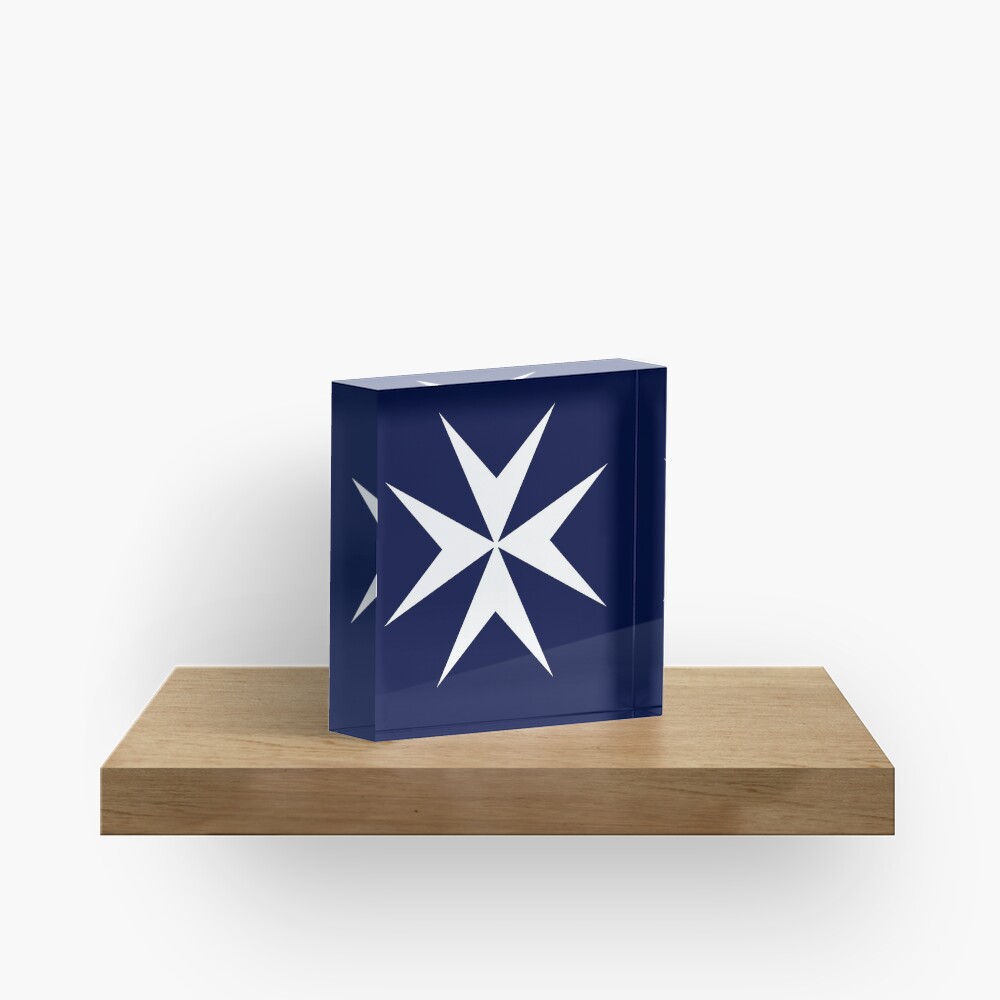 MALTA. Maltese, Amalfi Cross, Maltese cross, Knights Hospitaller, WHITE on NAVY BLUE. Acrylic Block