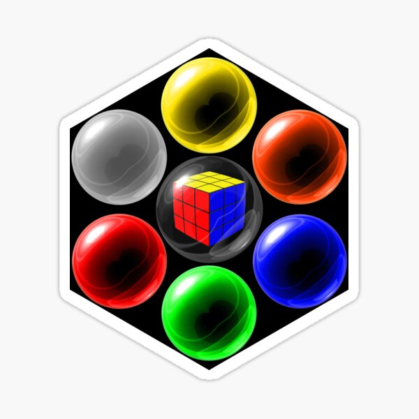 Rubiks Cube in a Glass Ball with Six Surrounding Colourful Glass Balls Sticker