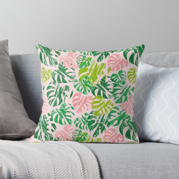Monstera Leaves Rose Throw Pillow