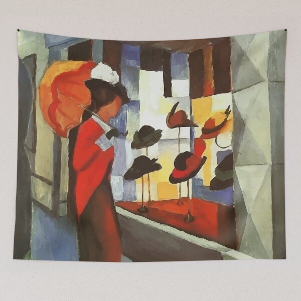 Item preview, Woman with Umbrella in front of a Hat Shop August Mack designed and sold by digitalvintage.