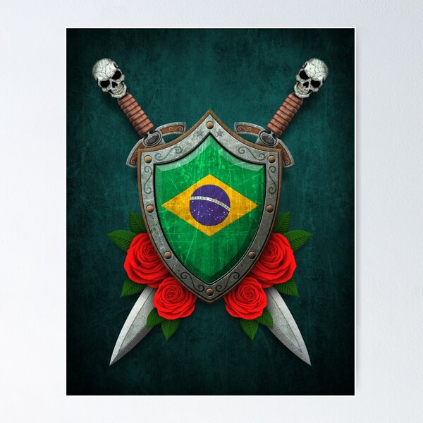 Item preview, Brazilian Flag on a Worn Shield and Crossed Swords designed and sold by JeffBartels.