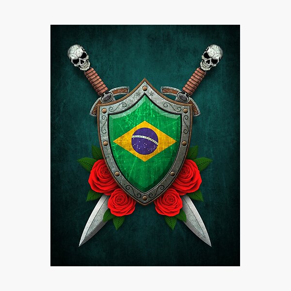 Item preview, Brazilian Flag on a Worn Shield and Crossed Swords designed and sold by JeffBartels.