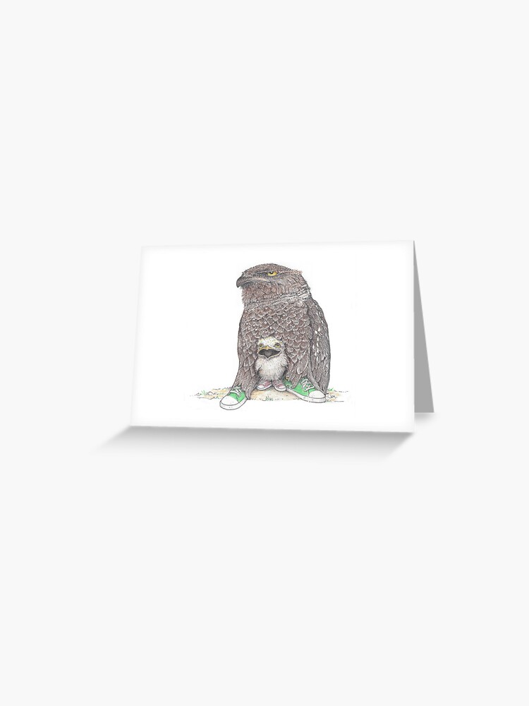 Thumbnail 1 of 2, Greeting Card, frog mouthed owl and baby in low tops designed and sold by JimsBirds.