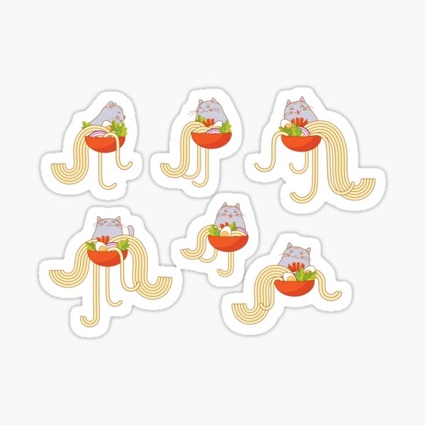 Plates of noodles and funny cats. Sticker