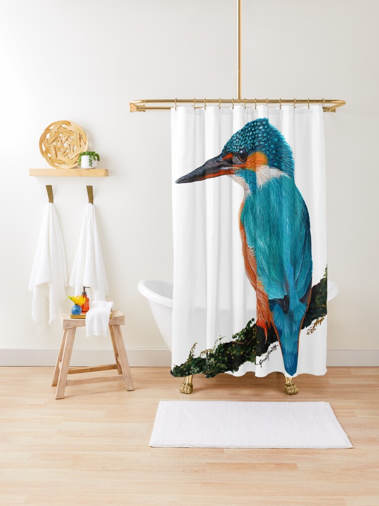 Shower Curtain, Sacred Kingfisher designed and sold by Nicole Grimm-Hewitt