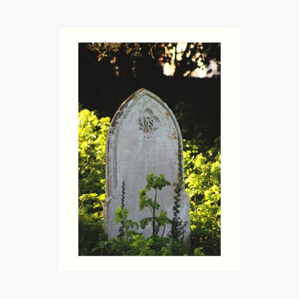 Gravestone surrounded by wildflowers Art Print