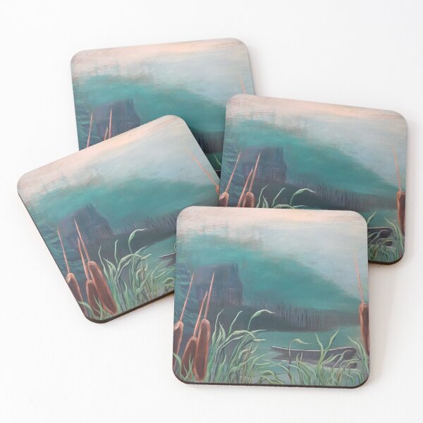 Item preview, Grungy Boat, Cabin, and Cattails on the Water on a Foggy Early Morning designed and sold by WatersEdgeGal.