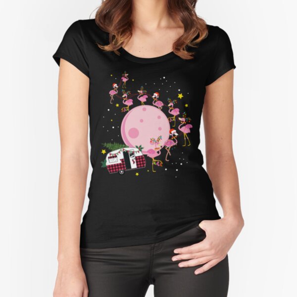 Merry Glamping, Funny Christmas Flamingo Camper, Merry Christmas Fitted Scoop T-Shirt
