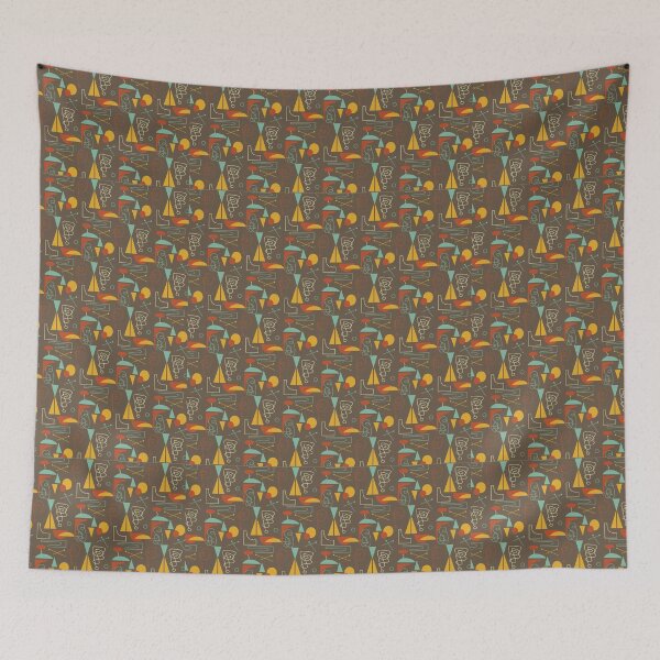 Item preview, Retro Tiki Mid Century Modern Textile Design Brown Aqua Red Gold Geometric designed and sold by Designs by Kool Kat.