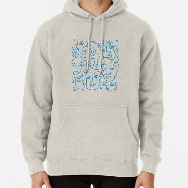 Blue line art faces print Pullover Hoodie