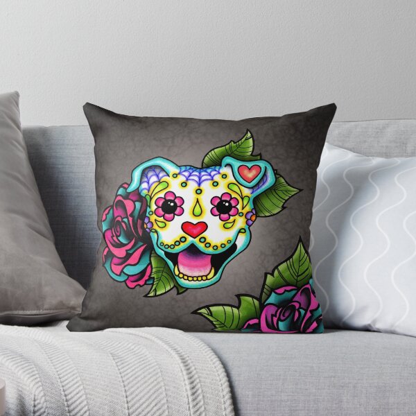Smiling Pit Bull in White - Day of the Dead Pitbull - Sugar Skull Dog Throw Pillow