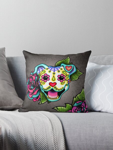 Item preview, Smiling Pit Bull in White - Day of the Dead Pitbull - Sugar Skull Dog designed and sold by Pretty In Ink.