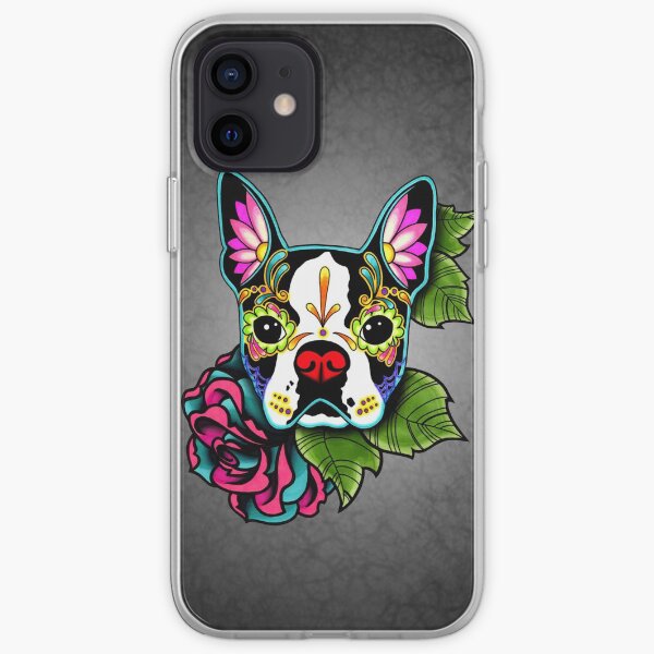 Boston Terrier in Black - Day of the Dead Sugar Skull Dog iPhone Soft Case