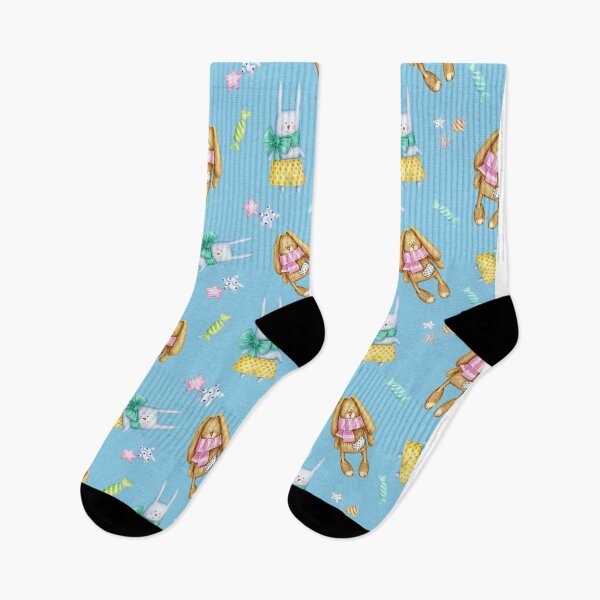 Item preview, Easter bunny pattern with brown and white rabbits on blue in watercolour designed and sold by Latch Farm  Studios.