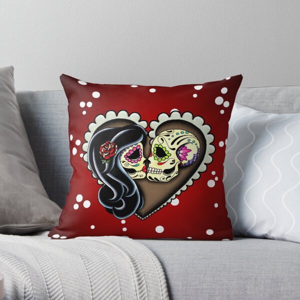 Ashes - Day of the Dead Couple - Sugar Skull Lovers Throw Pillow