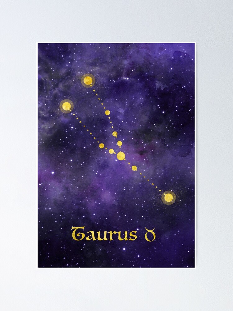 Taurus Zodiac constellation birthday April to May astronomy astrology horoscope watercolour space painting with gold effect stars font and