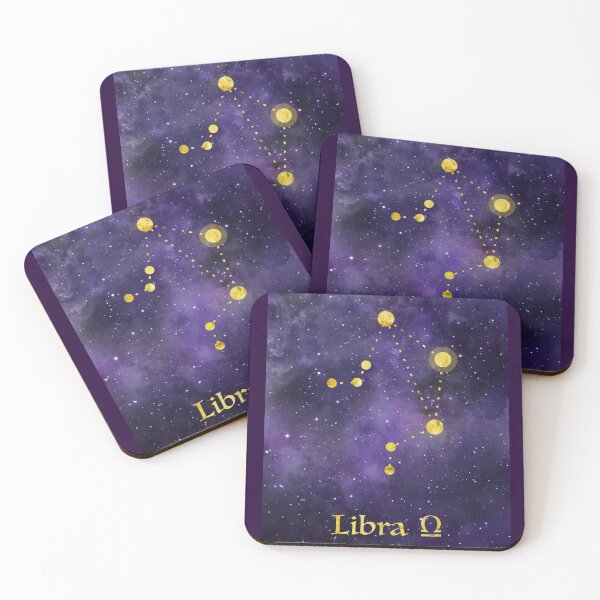 Item preview, Libra Zodiac constellation, birthday September to October, astronomy, astrology, horoscope, watercolour space painting with gold effect stars, font and symbol. designed and sold by Latch Farm  Studios.