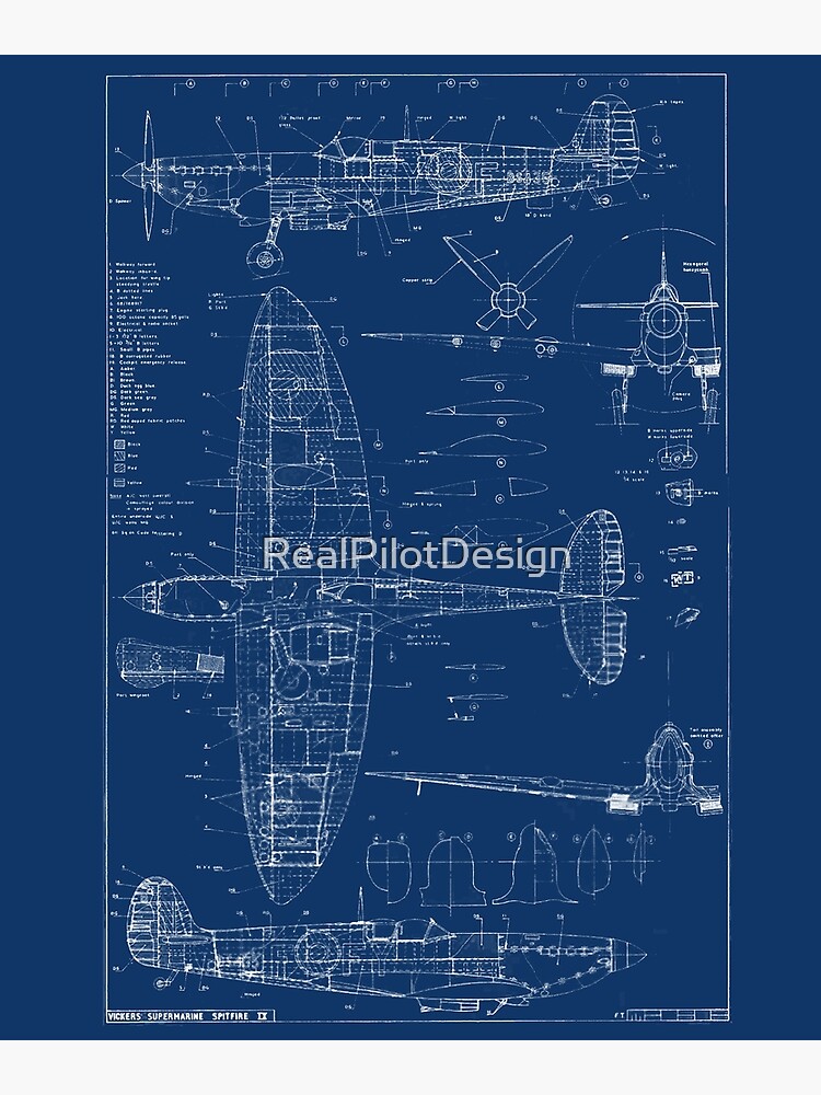 Discover Supermarine Spitfire Blueprint WWII RAF Fighter Airplane Design Premium Matte Vertical Poster