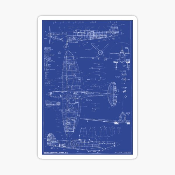 Supermarine Spitfire Blueprint WWII RAF Fighter Airplane Design Sticker
