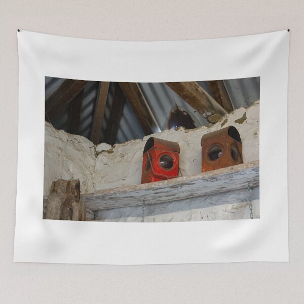 Item preview, Two old red lanterns on white shelf. designed and sold by Anne Scantlebury.