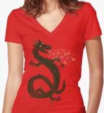 Camiseta entallada de cuello en V Dragón, respiración de flor