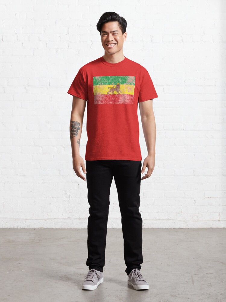Alternate view of Old Flag of Ethiopia Lion of Judah Rastafarian Reggae Vintage Distressed Print Classic T-Shirt