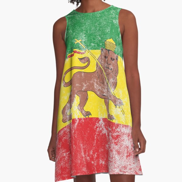 Old Flag of Ethiopia Lion of Judah Rastafarian Reggae Vintage Distressed Print A-Line Dress