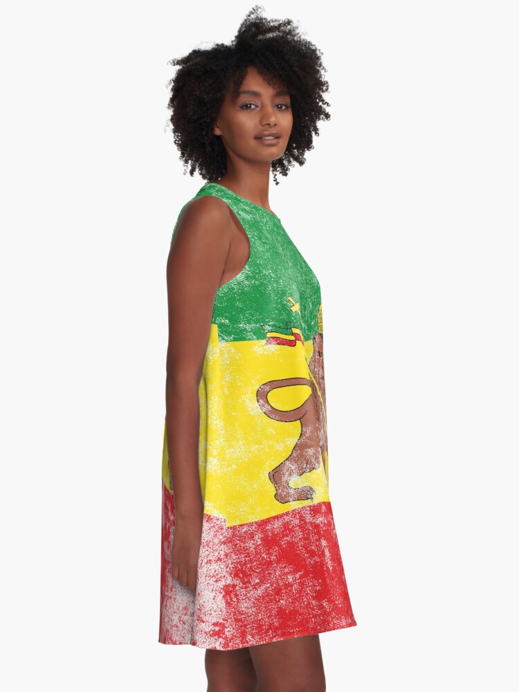Alternate view of Old Flag of Ethiopia Lion of Judah Rastafarian Reggae Vintage Distressed Print A-Line Dress